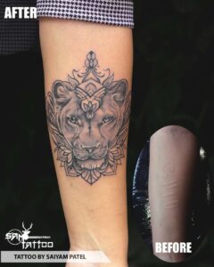 Lioness coverup tattoo