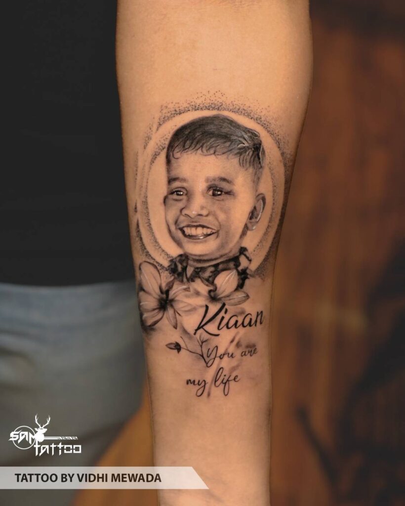 Michael Jordan's realistic portrait tattoo on the leg.