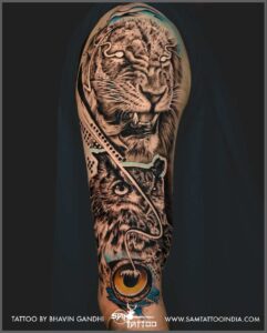 Realistic Tiger and owl tattoo
